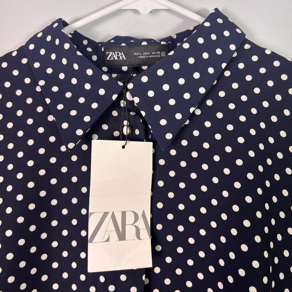 NWT Zara Womens Blue White Polka Dot Long Sleeve Pullover tunic Sz L Boho Preppy - Picture 4 of 9